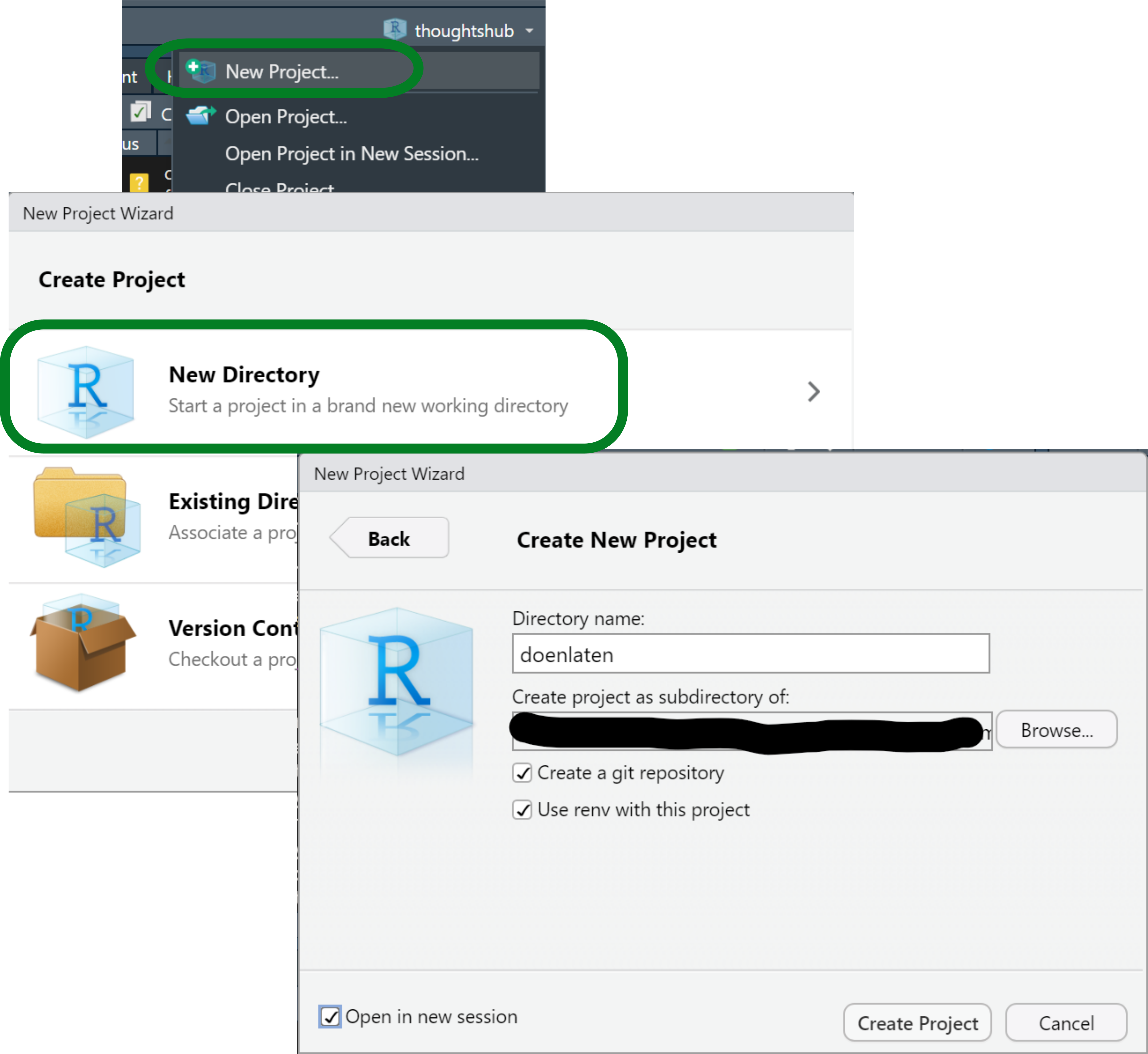 Three screenshots of the steps to create an RStudio project, slightly overlapping. The first shows a dropdown menu with the option to create an RStudio project. The second shows a window with options of the kinds of project to initialize, and the basic project indicated with a green rectangle. The third one shows a dialog window that lets you name your project and select an initialization configuration.