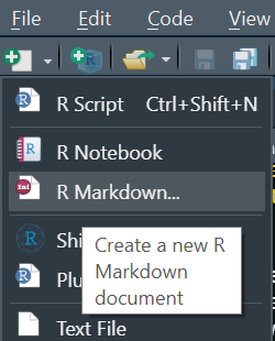 Screenshot of R Studio "new file" menu, where the "R Markdown" option is selected. A tooltip read "Create a new R Markdown document".