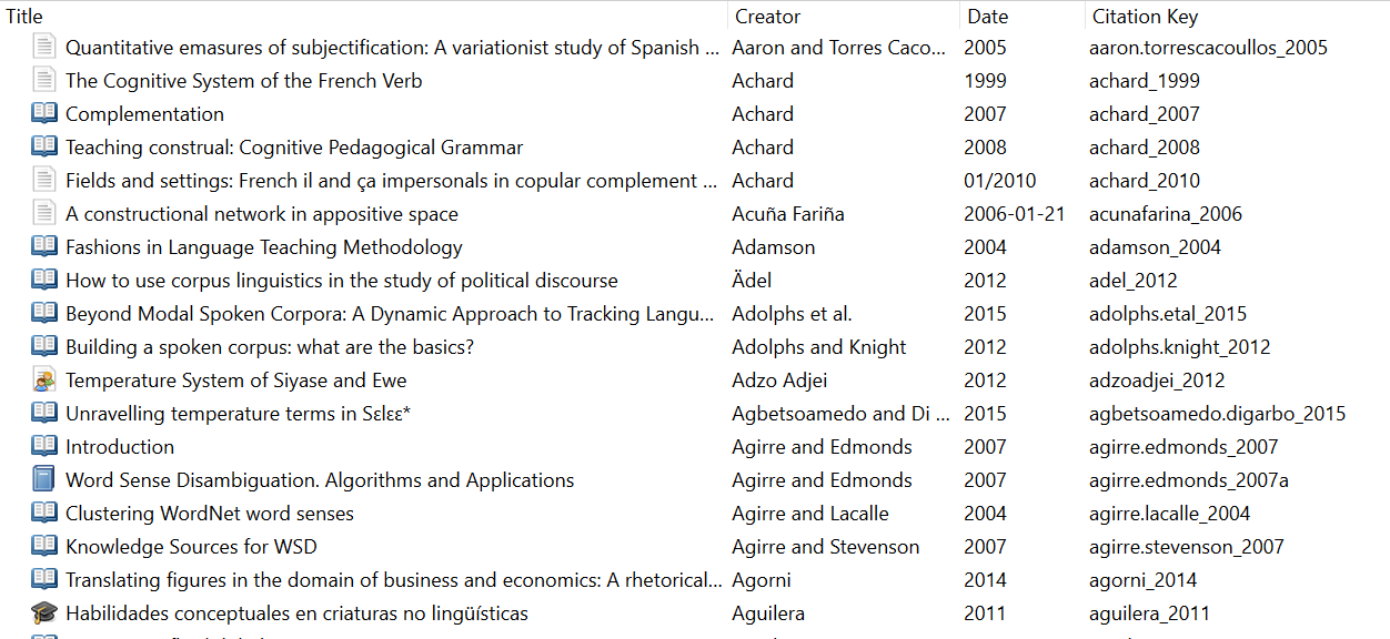 Screenshot of a list of entries in Zotero, with four columns: "Title", with the titles of different entries, "Creator", with the family names of the authors, "Date", with the year of publication, and "Citation Key", with the citation key in the format described above.